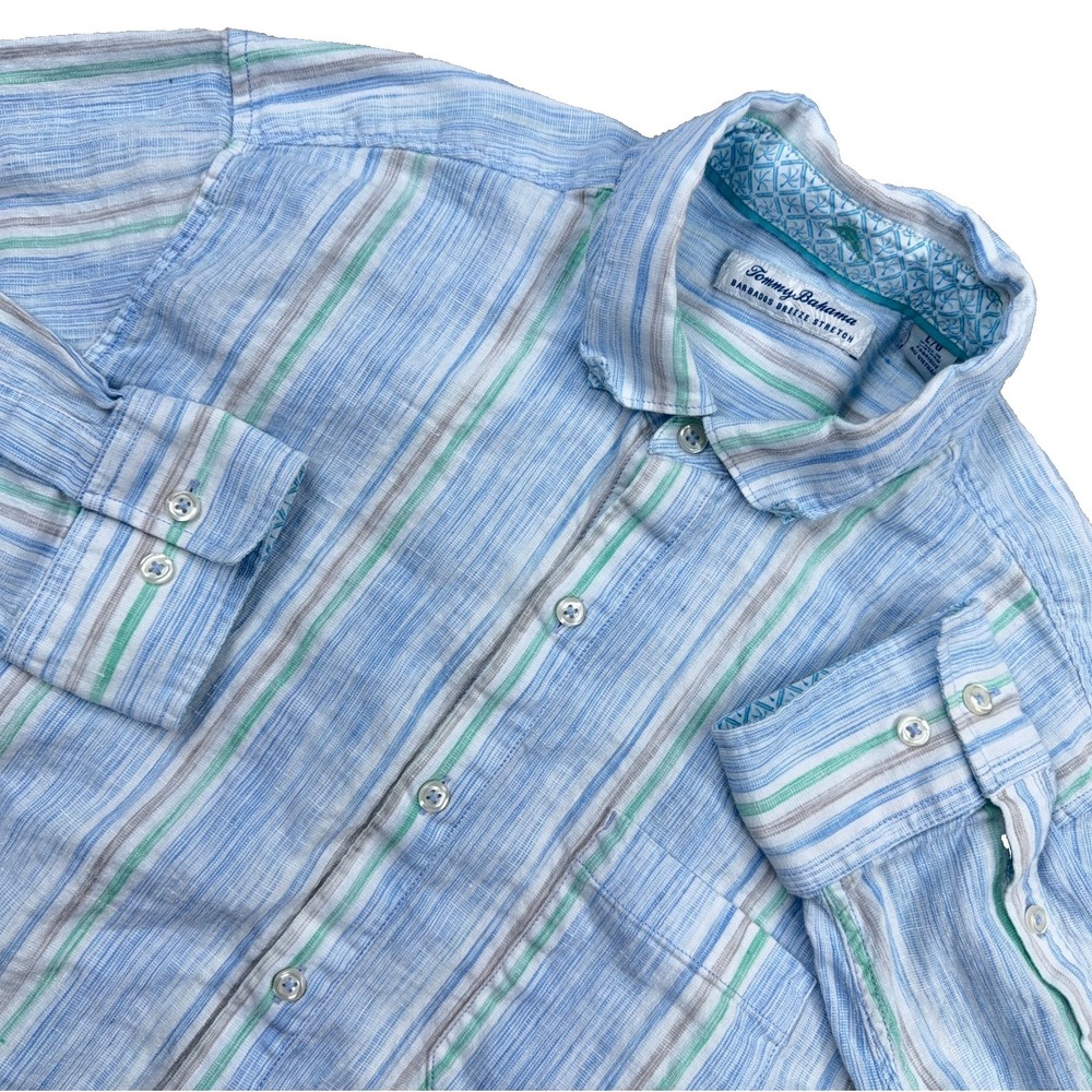 Tommy Bahama Shirt Men Large Blue Barbados Breeze Linen Blend Button Up Pocket * - Picture 2 of 13